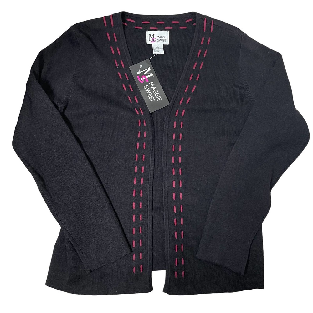 Maggie Sweet Open Cardigan Women's Size M Black Maroon Detail Grannycore NEW
